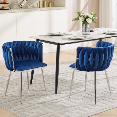 Lot de 2 chaises de salle à manger en velours avec accoudoirs, style moderne, pieds argentés, bleu (1/5)
