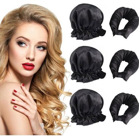 Bigoudis Sans Chaleur - Ensemble 3 Pièces - Satin Noir - Pour Tous Types De Cheveux - Avec Bonnet