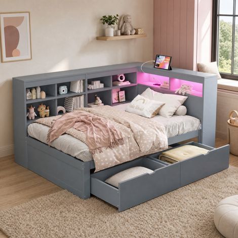 Cama individual 90x200 cm de madera gris, con almacenaje para dormitorio, sin colchón -FLORAGRACE (1/5)