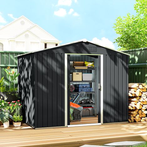 Abri de jardin en acier galvanisé de 3,6 m² avec aérations. Toit en pente. Double porte coulissante verrouillable. Abri de jardin pour outils. 236 x 174 x 190 cm. Gris foncé.