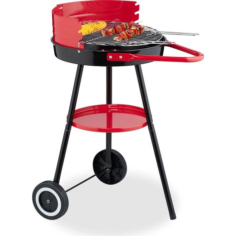 Relaxdays Charcoal Barbecue with Wheels, Ø 42 cm, Tripod Stand, Round Grill, for Picnics & Garden, Wind Block, Black/Red