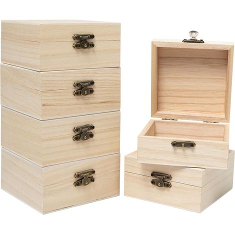 6 Pièces Petite Boîtes en Bois Brut pour DIY Décoration,10x10x5cm Carré Boite Bois avec Couvercle,Coffret de Rangement en bois avec Fermoir de Verrouillage pour Décorer (1/5)