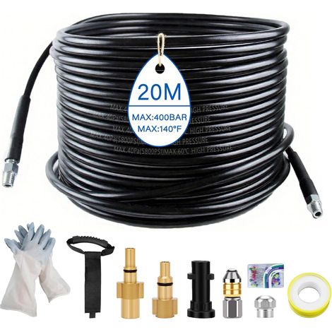 15m Tuyau de Nettoyage Haute Pression 5800 PSI/400 bar - Compatible Kärcher K2 à K7, Lavor, Bosch - Kit complet avec adaptateurs, buses et gants de protection (1/5)