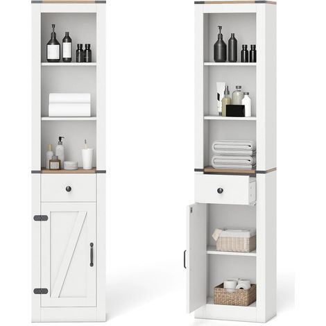 COSTWAY Armoire de Salle de Bain, Meuble Colonne Salle de Bain avec Placard et Compartiments Ouverts, Meuble de Rangement Étroit avec Tiroir, Étagère Réglable, pour Buanderie, Salon, Cuisine (1/5)