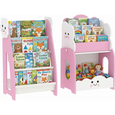 Meuble rangement enfant - AIYAPLAY - porte-magazines à 4 étagères, bibliothèque 3 niveaux - bois - 85,5 x 32 x 72 cm - rose