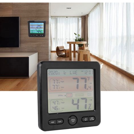 Thermometer und Hygrometer für den Innenbereich mit Farbalarm, Farbdisplay, geeignet für den Heimgebrauch, Nachttischuhr für Kinder und Schüler, Digitaluhr, schwarzes Thermometer und Hygrometer. (1/5)
