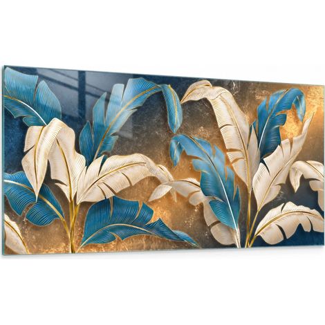 Lupia Quadro Botanico su Vetro 73x139 cm GLASS LEAVES WHITE BLUE da Parete (1/4)