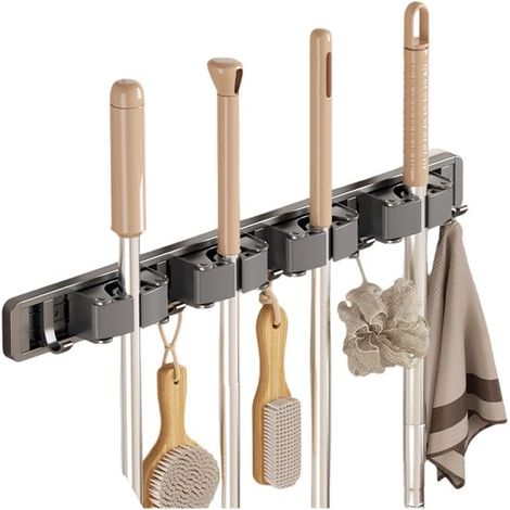 Estante de pared para fregonas y escobas，Estante de almacenamiento resistente y duradero para artículos de limpieza，2 ranuras，3 ganchos (1/5)