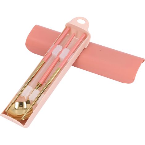 Coffret de couverts en acier inoxydable réutilisables, boîte de rangement pour étudiant, set de voyage fourchette cuillère baguettes, rose doré (1/5)
