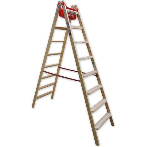 Euroline Holz Stufenstehleiter mit Comfort-Stufen mit Werkzeugablage 2x8 Stufen