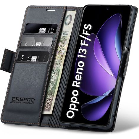 Oppo Reno 13F / Oppo Reno 13FS Hülle, Glänzendes Litschi, Klapphülle mit Brieftaschenfunktion, Schwarz (1/5)