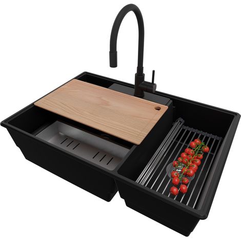 PRIMAGRAN Evier Cuisine en Granit 78x53cm,Lavabo 2 bacs + Robinet 40x38cm + Kit de Vidage + Accessoires, Évier à Encastrer au meuble 80cm - Paris, Noir (1/5)
