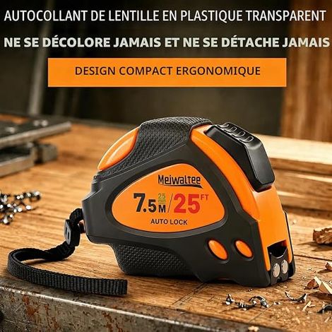 Mètre Ruban 7,5 M x 25 mm Largeur échelles pouces métrique, lame renforcée en nylon,crochet magnétique boîtier en caoutchouc. (1/4)