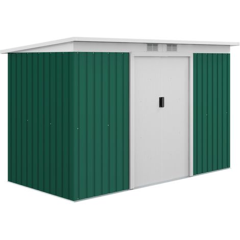 Abri de jardin Outsunny, abri à outils avec porte coulissante, fenêtre d'aération, toit pentu, extérieur, acier, vert foncé, 280 x 130 x 172 cm