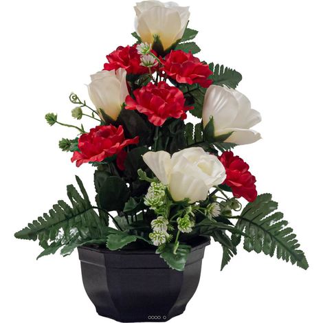 Vasque de Boutons de Roses fleurs artificielles pour le cimetière H 40 cm Lg 28 cm Rouge-orange - couleur: Rouge-orange