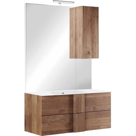 Meuble Vasque 82cm suspendu 2 tiroirs + Miroir aspect bois finition Mercure - ZEUS (1/4)