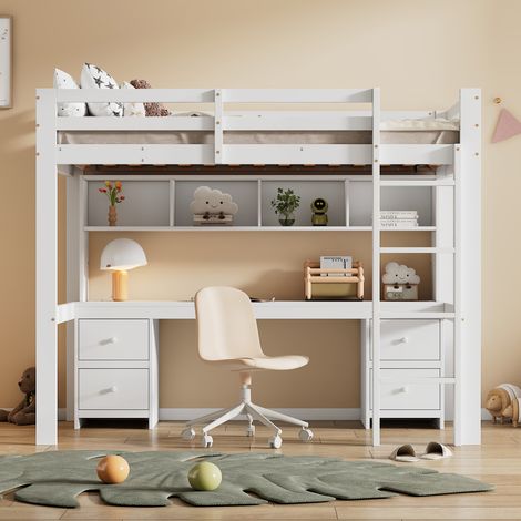 Lit mezzanine 90x200 cm enfant avec table dessous, rangement, rambarde haute, escalier robuste, blanc