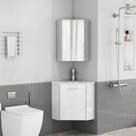 Eck-Badezimmerset mit Waschtisch und Spiegelschrank, platzsparend, vormontiert, MDF, glänzend Weiß (1/5)