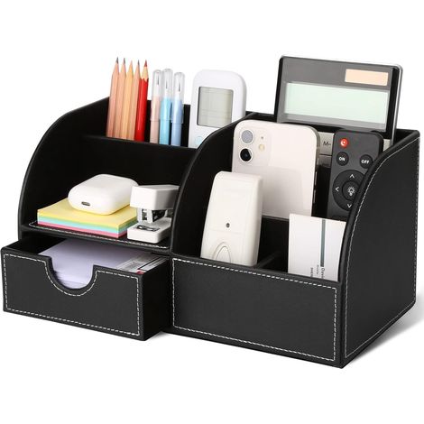 1 Organisateur de bureau, 7 compartiments, cuir PU, tiroir extensible, rangement fournitures, pour maison et bureau (1/5)