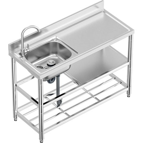 Évier Inox - 1 Bac avec Banc de Travail, 120 x 50 x 94 cm, Robinet Inclus, Autoportant, Pour Cuisine, Restaurant, Garage, Jardin (1/5)