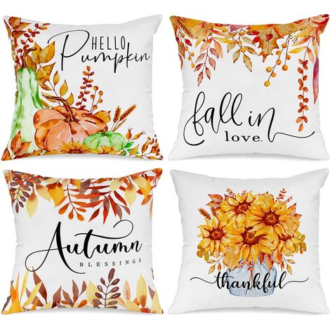 Juego de 4 fundas de cojín decorativas de otoño, 45x45 cm, con estampado de calabazas y girasoles, para la decoración del hogar. (1/5)