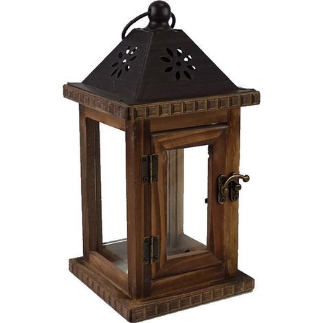 Lanterne Bois - 28 cm - Bougeoir Extérieur Intérieur - Style Vintage - Marron - 1 Pièce