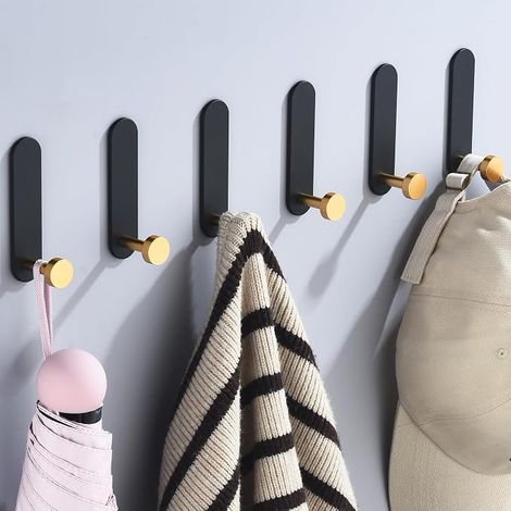 CCYKXA Selbstklebende Wandhaken ohne Bohren, Badezimmer-Kleiderhaken zur Wandmontage, selbstklebende Haken, Küchenhandtuchhalter, 6 Stück, Schwarzgold (1/5)