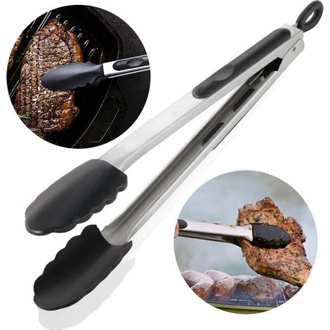 Pinzas de cocina con punta de silicona antiadherente resistente a altas temperaturas de 600ºF y mango de acero inoxidable para parrilla de ensalada de alimentos (1/5)