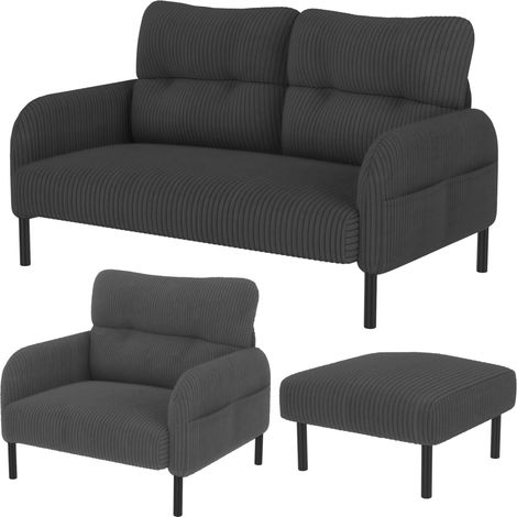 Ensemble canapé 2 places, fauteuil et repose-pieds en tissu corduroy gris avec cadre métal-bois (1/5)
