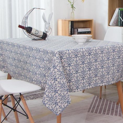 Nappe Bleu-Blanc Aspect Porcelaine Aspect Lin 140x220 cm Lavable Protection Anti-taches