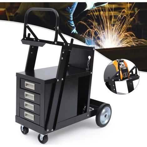 Chariot de Soudage à 2 Niveaux Chariot Poste à Souder 4 Tiroirs Charge 80 kg Roues 360° Chaînes Sécurité Stockage Réservoirs Chariot de Soudure MIG à roulettes pour Atelier Découpeur Plasma