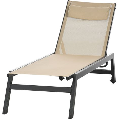 Transat aluminium textilène dossier inclinable repose-tête roulettes kaki 190x60x90 cm
