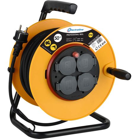 Electraline PRO-Line 49039 Prolunga Cavi con avvolgitubo con 4 Prese di Corrente IP40, 50 M, Cavo H05VV-F Sezione 3G2.5 mm², Giallo (1/3)