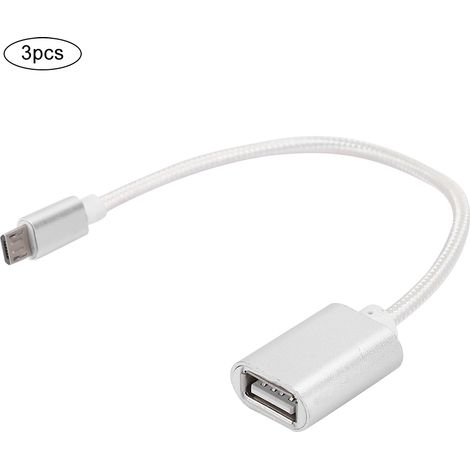 Câble adaptateur OTG (Over-The-Go) pour Android, 3 pièces, en tissu tissé renforcé, avec connecteurs antirouille, entrée USB et sortie micro USB, transmission fluide et sans rouille (argenté). (1/5)