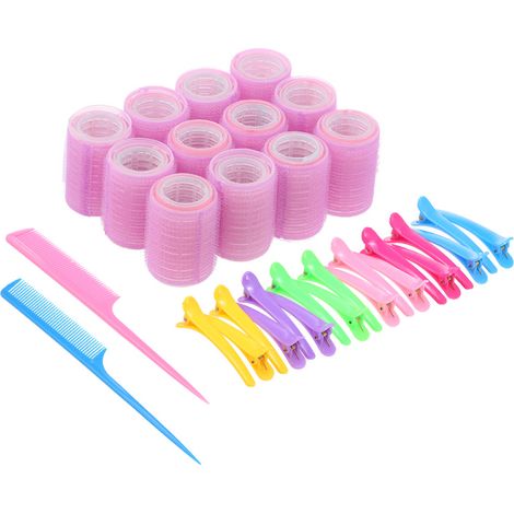 Juego de 36 rulos autoadhesivos de nailon con 18 pinzas de pico de pato, 2 peines y rulos para el cabello: herramienta portátil para peinar el cabello en casa. (1/5)