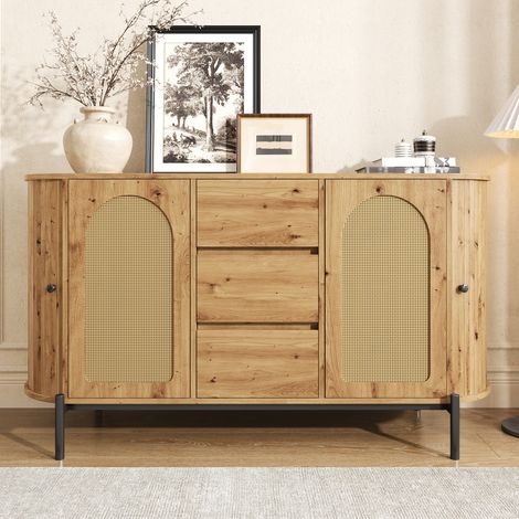 Sideboard oval aus MDF in Naturholzoptik mit Rattantüren, 3 Schubladen und verstellbaren Einlegeböden