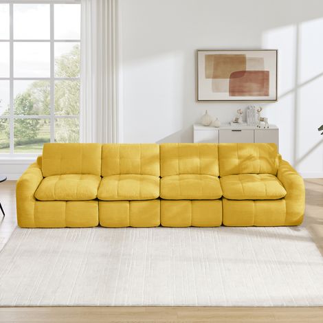 Sofá modular de 4 plazas (334x97x68 cm), espuma 32D, sin montaje, chenilla, amarillo (1/5)