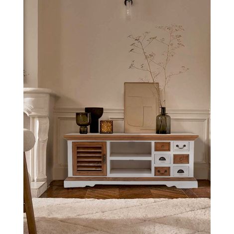 Inda - Meuble TV en bois massif de Sungkai blanc et naturel 140 cm (1/5)