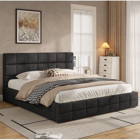 Letto imbottito moderno 180x200 cm in MDF e compensato, nero, con testiera imbottita e rete a doghe (1/5)