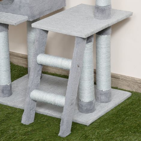 Tour griffoir pour chat à étages avec cachette, échelle et plateaux, poteaux en fibre de jute, couleur grise, dimensions 60,5x40x124 cm (1/5)