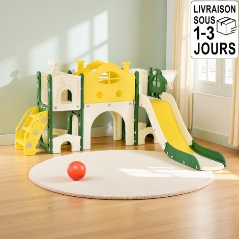 Fortuna Lai – Toboggan pour enfants 7 en 1 – Design de château – Panier de basket, tunnel, télescope, échelle d'escalade – Sécurisé et facile à assembler – Jaune