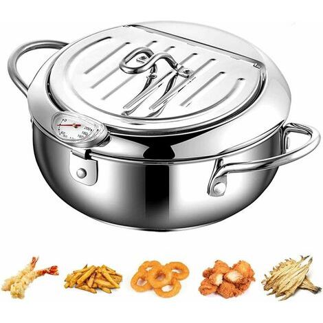 - Friggitrice in acciaio inossidabile in stile giapponese con coperchio con termometro e scola olio, padella antiaderente per cucina