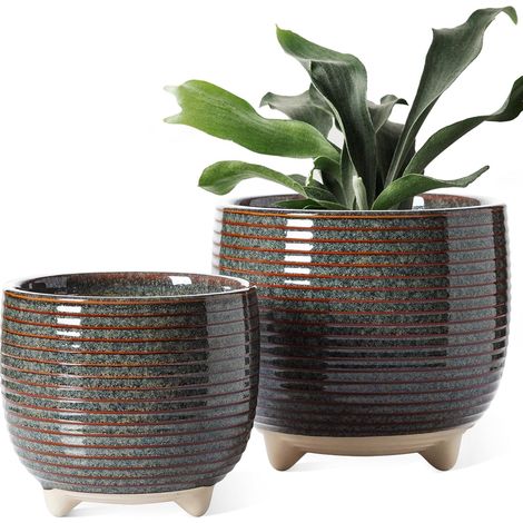 Pot de Fleurs en Céramique, Pots sur Pieds 13+16 cm pour Plantes, Moderne pour la Maison et Le Bureau, Pot d’Intérieur avec Trou de Drainage, Noir à Émail Réactif (1/5)