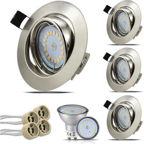 Spot LED Encastrable GU10,4x 5W Blanc Chaud 3000K Orientable 30°,Plafonnier Encastré Inox Trou 68mm 220V,Avec 4 Cadre Spot encastrable,Ampoules douille gu10 (1/5)