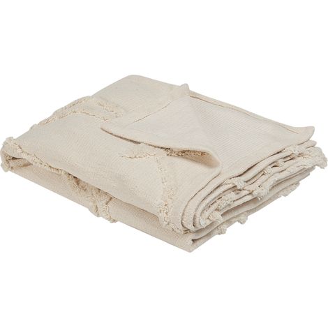 Manta de algodón beige claro 130 x 160 cm de punto patrón floral relieve boho sala de estar dormitorio Acacia