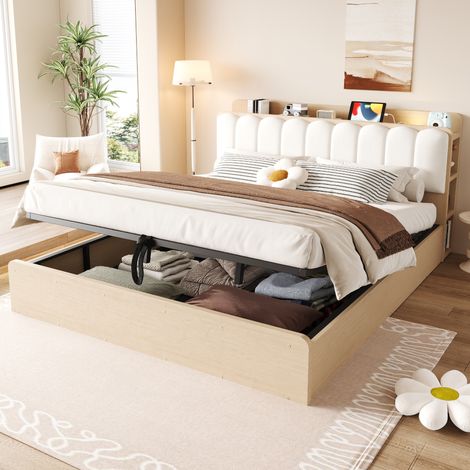 Lit plat en bois 180 × 200 cm, sommier hydraulique avec espace de rangement, tête de lit rembourrée, tête de lit avec étagère et compartiment de rangement, port USB pour veilleuse, coloris bois (1/4)