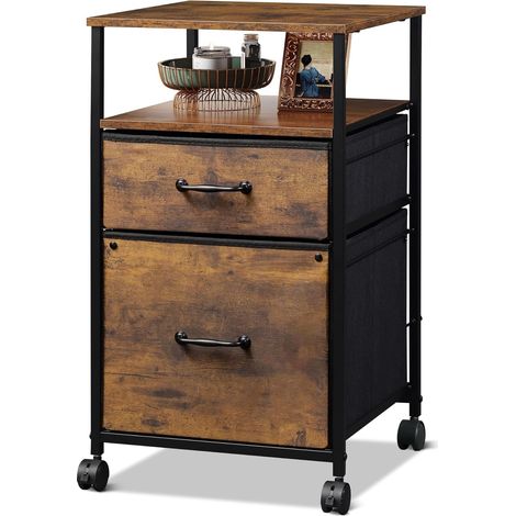 Boîte de rangement mobile DEVAISE, deux tiroirs doublés de tissu et un compartiment ouvert, roulettes verrouillables, format A4, marron vintage (1/5)