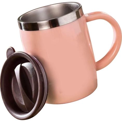 Tasse à café en acier inoxydable 304 avec couvercle, rose, 420 ml, résistante aux chocs, idéale pour le bureau et la maison. (1/5)