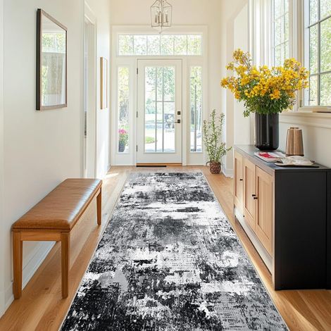 Tapis de couloir, cuisine, 80 x 300 cm, lavable, à poils courts, antidérapant, pour passage étroit, peinture abstraite moderne, pour entrée et chambre à coucher, décoration, noir et blanc (1/5)