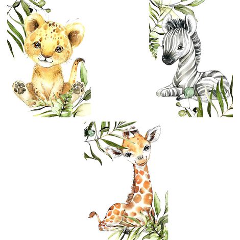 Affiche Animaux Safari - Lot de 3 Tableaux Muraux 30x40 cm - Toile avec Texture Huile - Décoration Chambre Enfant Bébé (1/5)